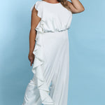 SC5244 Shania Jumpsuit by Sydney's Closet French Crepe fabric bra friendly sleeveless flounce on side of bodice and pant center back zipper available in Ivory