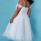 SC5263 Daisy Wedding Dress by Sydney's Closet, A line short wedding dress with tulle skirt and appliques on the bodice, straps and zipper back, available in ivory