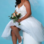SC5263 Daisy Wedding Dress by Sydney's Closet, A line short wedding dress with tulle skirt and appliques on the bodice, straps and zipper back, available in ivory