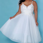 SC5263 Daisy Wedding Dress by Sydney's Closet, A line short wedding dress with tulle skirt and appliques on the bodice, straps and zipper back, available in ivory