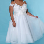SC5263 Daisy Wedding Dress by Sydney's Closet, A line short wedding dress with tulle skirt and appliques on the bodice, straps and zipper back, available in ivory
