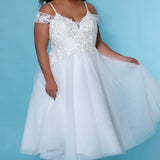 SC5263 Daisy Wedding Dress by Sydney's Closet, A line short wedding dress with tulle skirt and appliques on the bodice, straps and zipper back, available in ivory