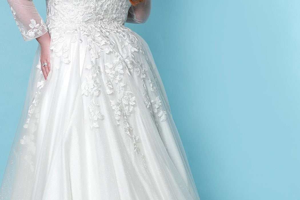 Sydney's Bridal by Sydney's Closet a line bridal gown with vneckline and illusion long sleeves center back zipper available in ivory SC5267
