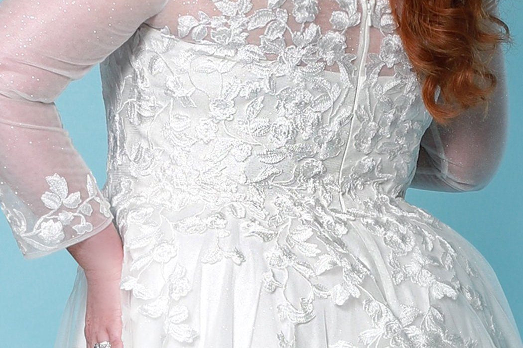 Sydney's Bridal by Sydney's Closet a line bridal gown with vneckline and illusion long sleeves center back zipper available in ivory SC5267