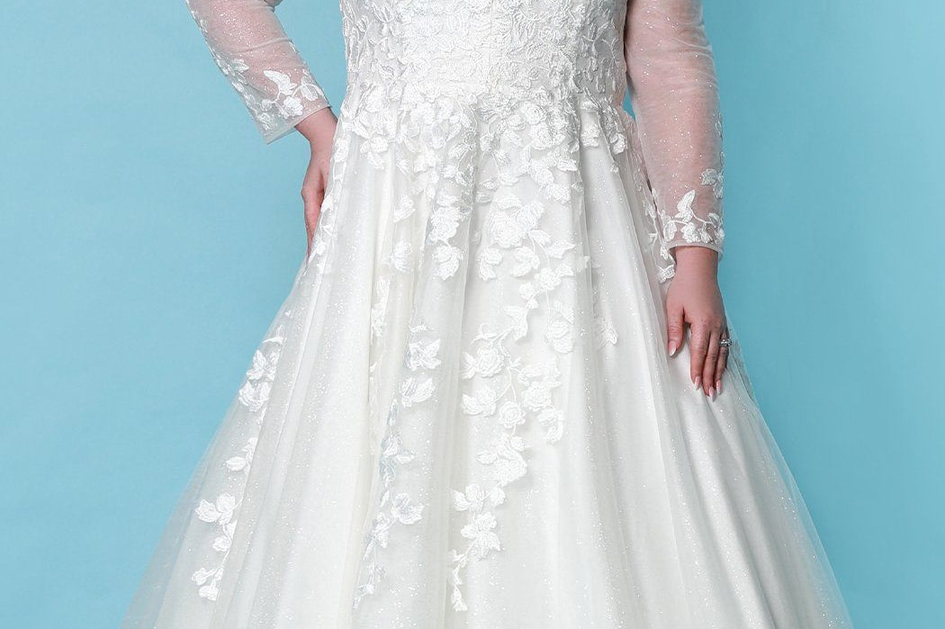 Sydney's Bridal by Sydney's Closet a line bridal gown with vneckline and illusion long sleeves center back zipper available in ivory SC5267