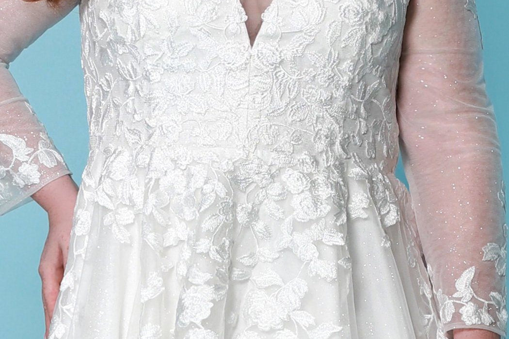Sydney's Bridal by Sydney's Closet a line bridal gown with vneckline and illusion long sleeves center back zipper available in ivory SC5267