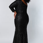 Sydney's Prom by Sydney's Closet fitted silhouette one sholder long sleeve with zipper back and sequin fabric available in pearlescent, ruby, onyx and sapphire SC7319