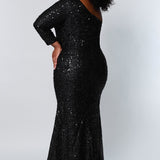 Sydney's Prom by Sydney's Closet fitted silhouette one sholder long sleeve with zipper back and sequin fabric available in pearlescent, ruby, onyx and sapphire SC7319