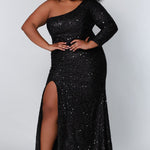 Sydney's Prom by Sydney's Closet fitted silhouette one sholder long sleeve with zipper back and sequin fabric available in pearlescent, ruby, onyx and sapphire SC7319