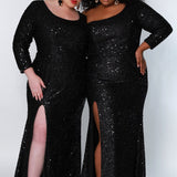 Sydney's Prom by Sydney's Closet fitted silhouette one sholder long sleeve with zipper back and sequin fabric available in pearlescent, ruby, onyx and sapphire SC7319 & SC7320