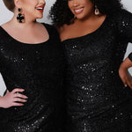 Sydney's Prom by Sydney's Closet fitted silhouette one sholder long sleeve with zipper back and sequin fabric available in pearlescent, ruby, onyx and sapphire SC7319 & SC7320