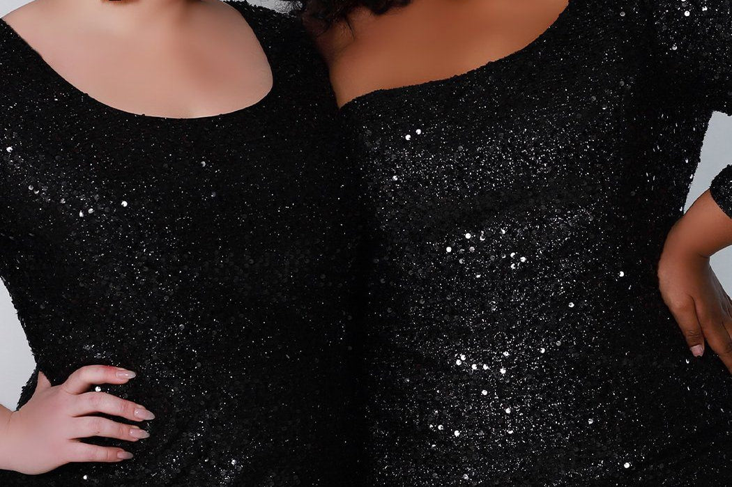 Sydney's Prom by Sydney's Closet fitted silhouette one sholder long sleeve with zipper back and sequin fabric available in pearlescent, ruby, onyx and sapphire SC7319 & SC7320