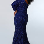 Sydney's Prom by Sydney's Closet fitted silhouette one sholder long sleeve with zipper back and sequin fabric available in pearlescent, ruby, onyx and sapphire SC7319