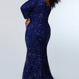 Sydney's Prom by Sydney's Closet fitted silhouette one sholder long sleeve with zipper back and sequin fabric available in pearlescent, ruby, onyx and sapphire SC7319