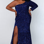 Sydney's Prom by Sydney's Closet fitted silhouette one sholder long sleeve with zipper back and sequin fabric available in pearlescent, ruby, onyx and sapphire SC7319