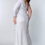 Sydney's Prom by Sydney's Closet fitted silhouette one sholder long sleeve with zipper back and sequin fabric available in pearlescent, ruby, onyx and sapphire SC7319