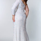 Sydney's Prom by Sydney's Closet fitted silhouette one sholder long sleeve with zipper back and sequin fabric available in pearlescent, ruby, onyx and sapphire SC7319