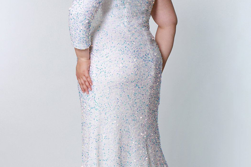 Sydney's Prom by Sydney's Closet fitted silhouette one sholder long sleeve with zipper back and sequin fabric available in pearlescent, ruby, onyx and sapphire SC7319
