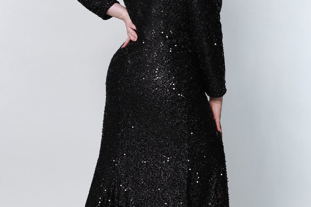 Sydney's Prom by Sydney's Closet fitted silhouette with scoop neckline long sleeves with zipper back and sequin fabric available in pearlescent, ruby, onyx and sapphire SC7320