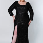 Sydney's Prom by Sydney's Closet fitted silhouette with scoop neckline long sleeves with zipper back and sequin fabric available in pearlescent, ruby, onyx and sapphire SC7320