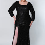 Sydney's Prom by Sydney's Closet fitted silhouette with scoop neckline long sleeves with zipper back and sequin fabric available in pearlescent, ruby, onyx and sapphire SC7320