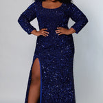Sydney's Prom by Sydney's Closet fitted silhouette with scoop neckline long sleeves with zipper back and sequin fabric available in pearlescent, ruby, onyx and sapphire SC7320