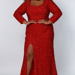 Sydney's Prom by Sydney's Closet fitted silhouette with scoop neckline long sleeves with zipper back and sequin fabric available in pearlescent, ruby, onyx and sapphire SC7320