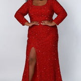 Sydney's Prom by Sydney's Closet fitted silhouette with scoop neckline long sleeves with zipper back and sequin fabric available in pearlescent, ruby, onyx and sapphire SC7320