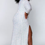 Sydney's Prom by Sydney's Closet fitted silhouette with scoop neckline long sleeves with zipper back and sequin fabric available in pearlescent, ruby, onyx and sapphire SC7320