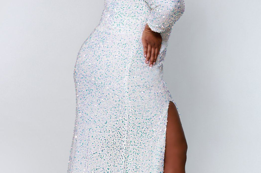 Sydney's Prom by Sydney's Closet fitted silhouette with scoop neckline long sleeves with zipper back and sequin fabric available in pearlescent, ruby, onyx and sapphire SC7320