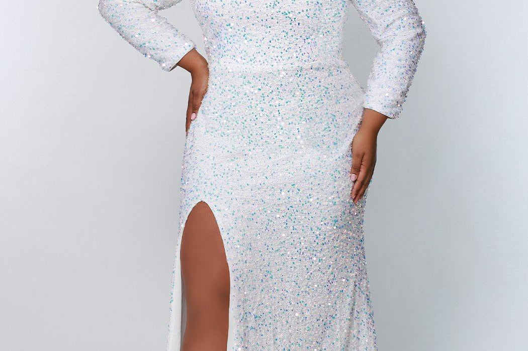 Sydney's Prom by Sydney's Closet fitted silhouette with scoop neckline long sleeves with zipper back and sequin fabric available in pearlescent, ruby, onyx and sapphire SC7320