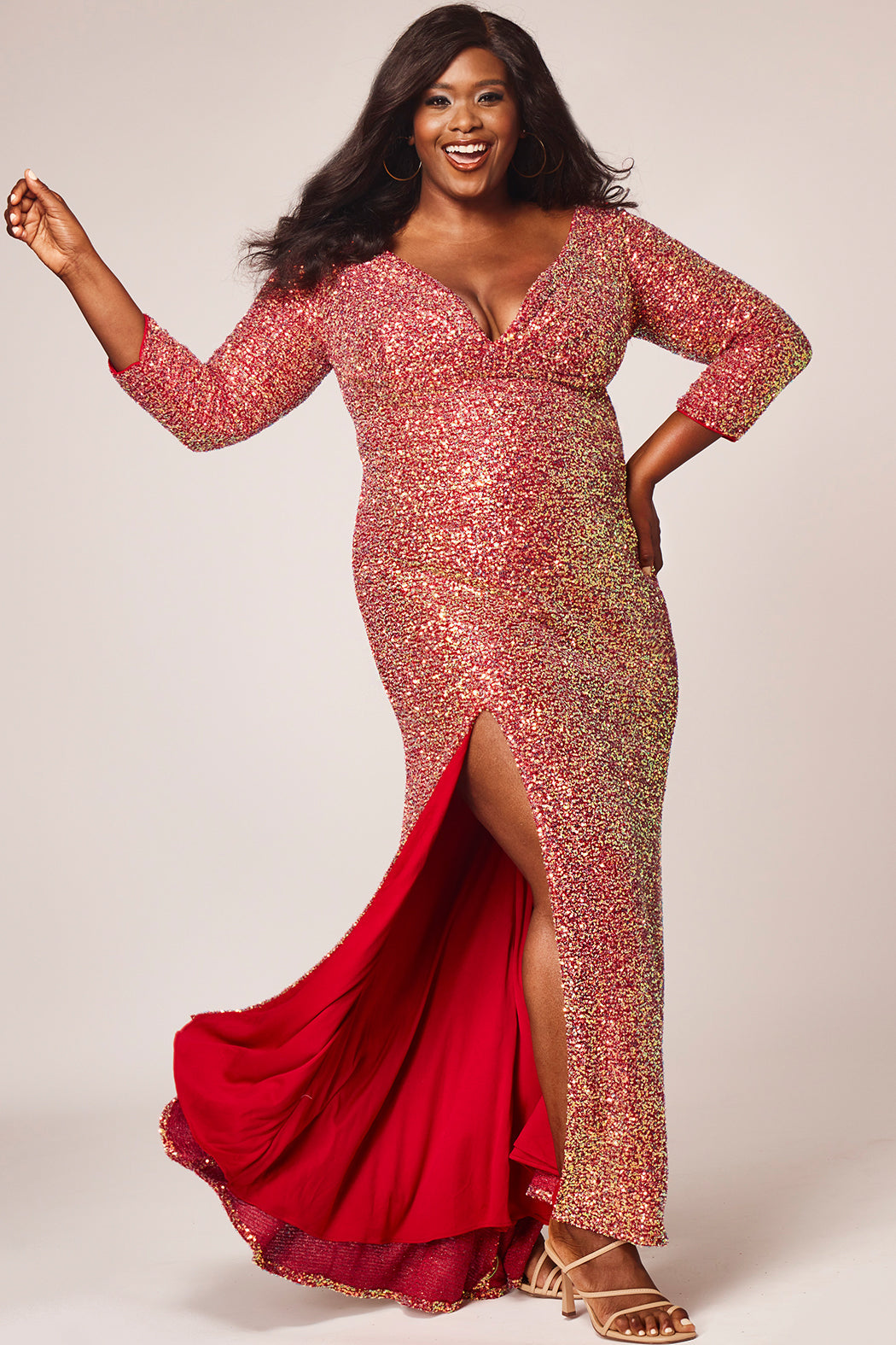 Plus Size Red Sequin Long Sleeve Formal Dress with Slit