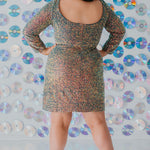 Sydney's CLoset SC8111 short plus size part y  dress with deep V-neckline, long sleeves and high slit. Multi dimensional sequins and ruched bodice.