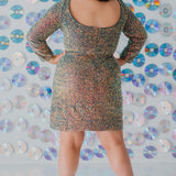 Sydney's CLoset SC8111 short plus size part y  dress with deep V-neckline, long sleeves and high slit. Multi dimensional sequins and ruched bodice.