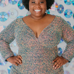 Sydney's CLoset SC8111 short plus size part y  dress with deep V-neckline, long sleeves and high slit. Multi dimensional sequins and ruched bodice.