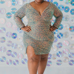 Sydney's CLoset SC8111 short plus size part y  dress with deep V-neckline, long sleeves and high slit. Multi dimensional sequins and ruched bodice.
