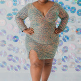 Sydney's CLoset SC8111 short plus size part y  dress with deep V-neckline, long sleeves and high slit. Multi dimensional sequins and ruched bodice.