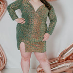 Sydney's CLoset SC8111 short plus size part y  dress with deep V-neckline, long sleeves and high slit. Multi dimensional sequins and ruched bodice.