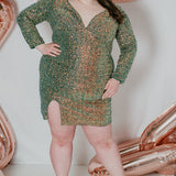 Sydney's CLoset SC8111 short plus size part y  dress with deep V-neckline, long sleeves and high slit. Multi dimensional sequins and ruched bodice.