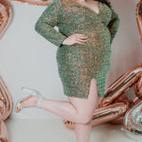 Sydney's CLoset SC8111 short plus size part y  dress with deep V-neckline, long sleeves and high slit. Multi dimensional sequins and ruched bodice.