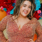 Sydney's CLoset SC8111 short plus size part y  dress with deep V-neckline, long sleeves and high slit. Multi dimensional sequins and ruched bodice.