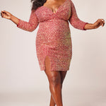 Sydney's CLoset SC8111 short plus size part y  dress with deep V-neckline, long sleeves and high slit. Multi dimensional sequins and ruched bodice. Photographer Lindsay Adler