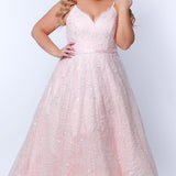 Tease Prom TE2314 soft pink. Fully lined, A-line silhouette, natural waistline  and V-neckline.Ball gown skirt with pockets. Tulle with leaf lace appliques with hot fix stones. Half inch straps covered in lace. Long invisible center back zipper and a detachable self belt. 