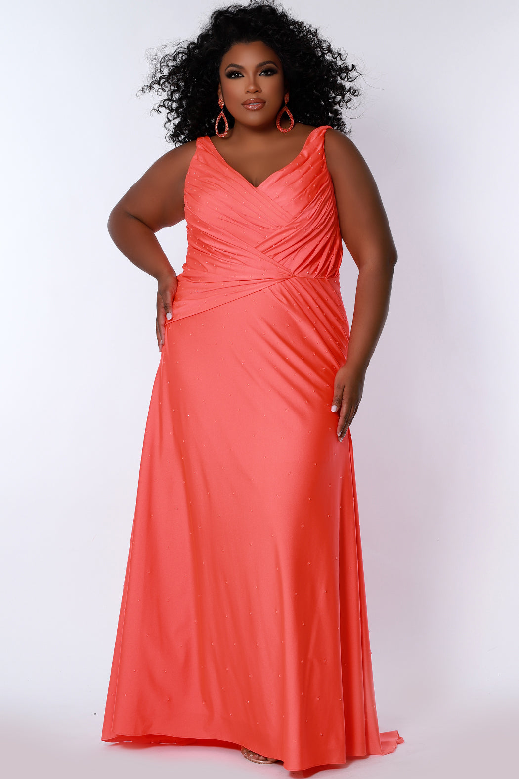 Curvy Stretch Lycra Pleated Formal Dress with Sweep Train