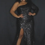 Sydney's Prom by Sydney's Closet fitted silhouette one sholder long sleeve with zipper back and sequin fabric available in pearlescent, ruby, onyx and sapphire SC7319