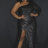 Sydney's Prom by Sydney's Closet fitted silhouette one sholder long sleeve with zipper back and sequin fabric available in pearlescent, ruby, onyx and sapphire SC7319