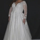 Sydney's Bridal by Sydney's Closet a line bridal gown with vneckline and illusion long sleeves center back zipper available in ivory SC5267