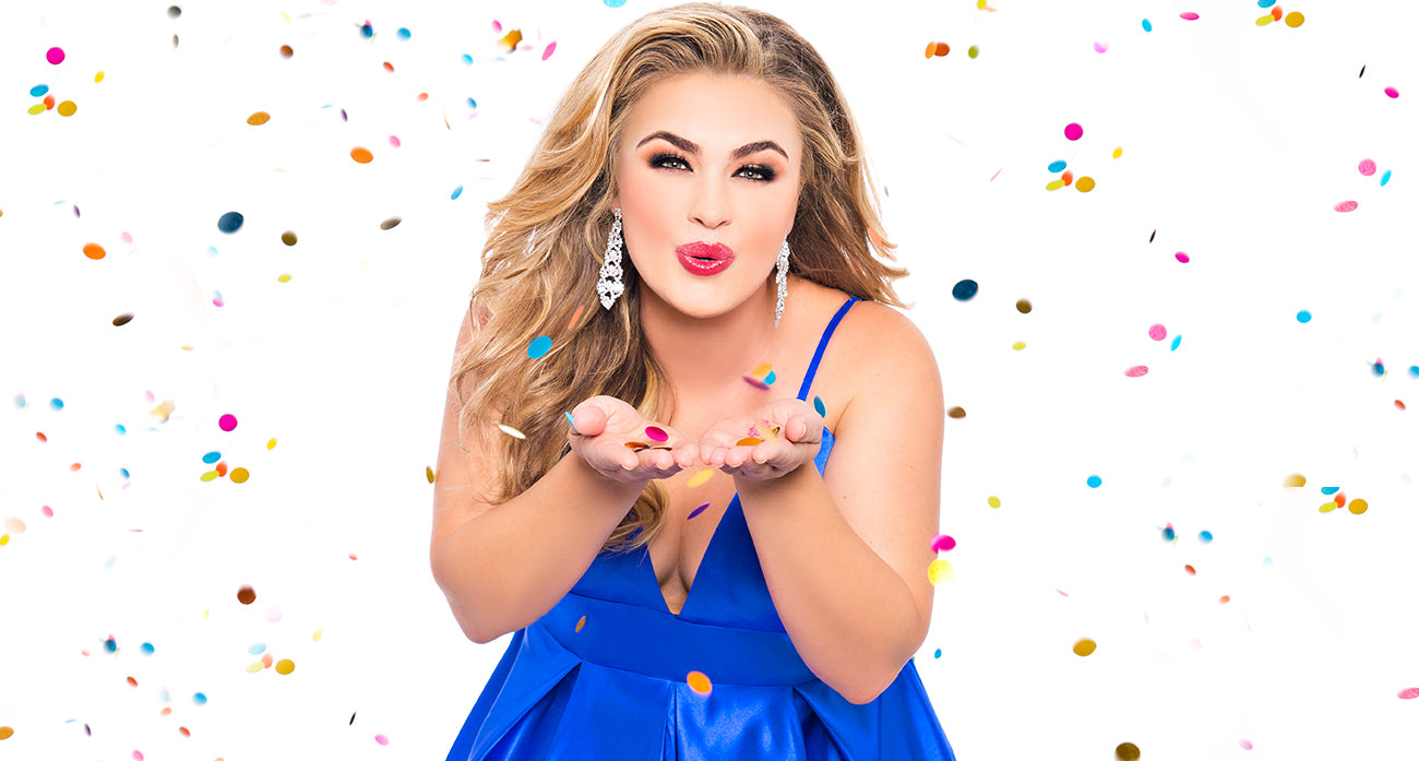2020 Plus Size Prom trends featuring SC7270 sapphire blowing glitter model Staci Pratt
