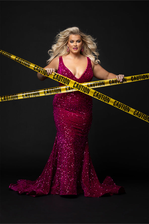 Johnathan Kayne for Sydney's Closet JK2308 magenta pink plus-size mermaid gown with sequin paillettes on stretch velvet, deep V-neckline, bra-friendly straps, V-back, fitted skirt, and dramatic train with godet and horsehair hem.