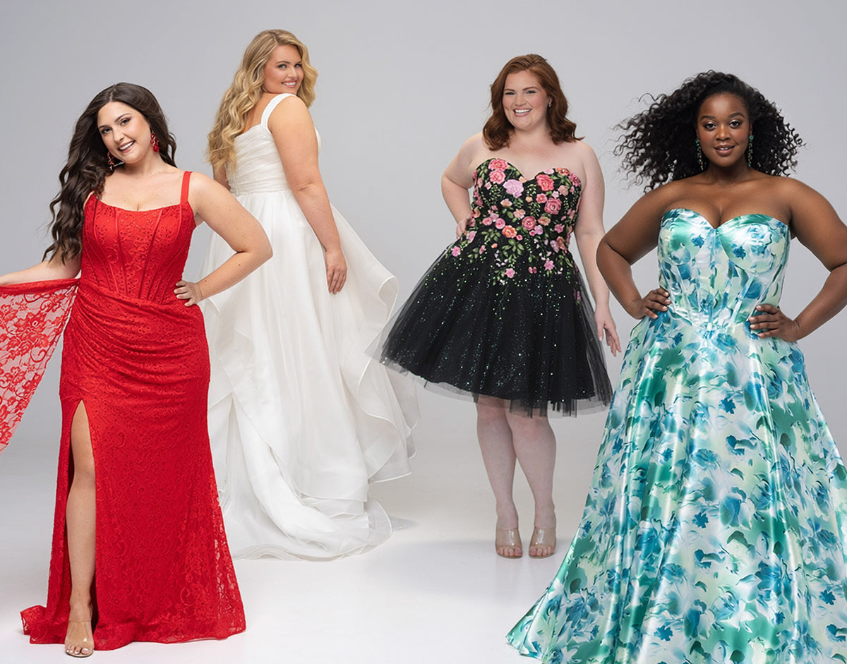 Four women wearing dresses for a variety of occasions on a plain background